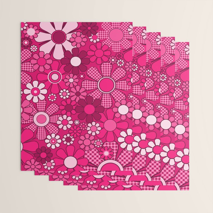 Retro Garden Gingham Flowers Hot Pink Magenta Abstract Floral Pattern Wrapping Paper Gallery Image 3