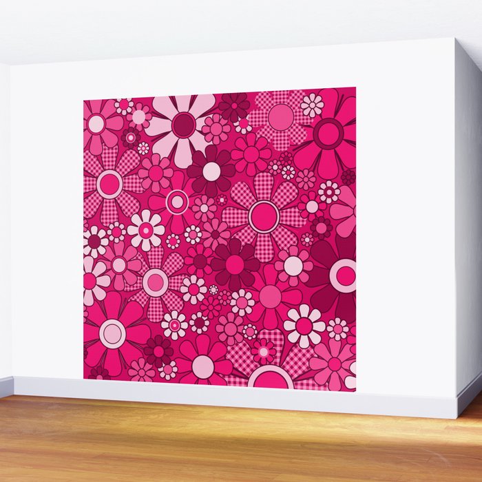 Retro Garden Gingham Flowers Hot Pink Magenta Abstract Floral Pattern Wall Mural Gallery Image 2