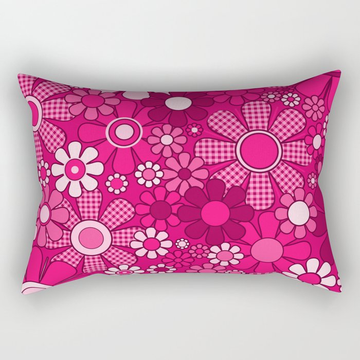 Retro Garden Gingham Flowers Hot Pink Magenta Abstract Floral Pattern Rectangular Pillow Gallery Image 1