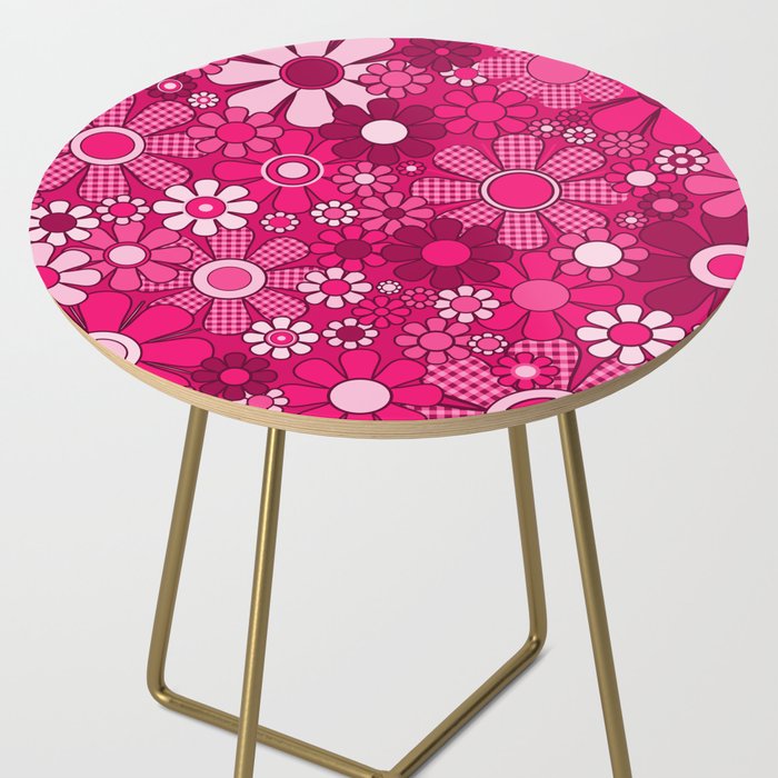 Retro Garden Gingham Flowers Hot Pink Magenta Abstract Floral Pattern Side Table Gallery Image 2