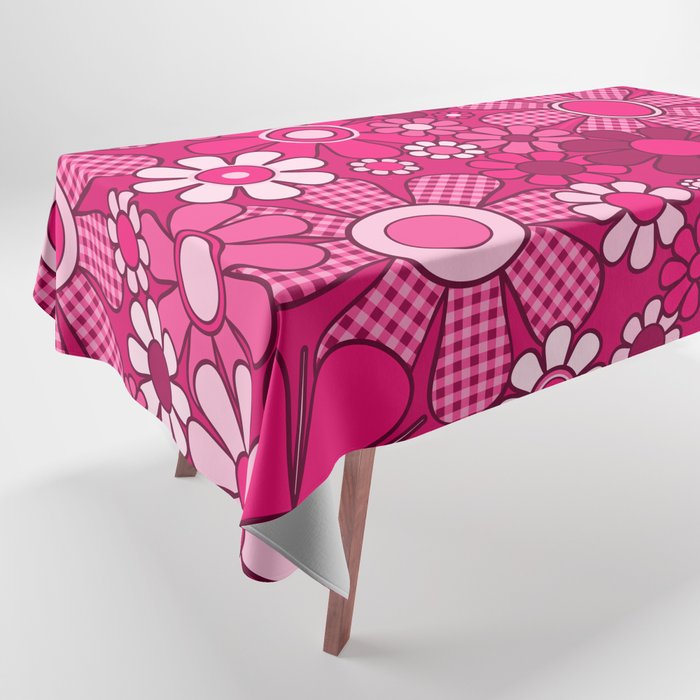 Retro Garden Gingham Flowers Hot Pink Magenta Abstract Floral Pattern Tablecloth Gallery Image 1