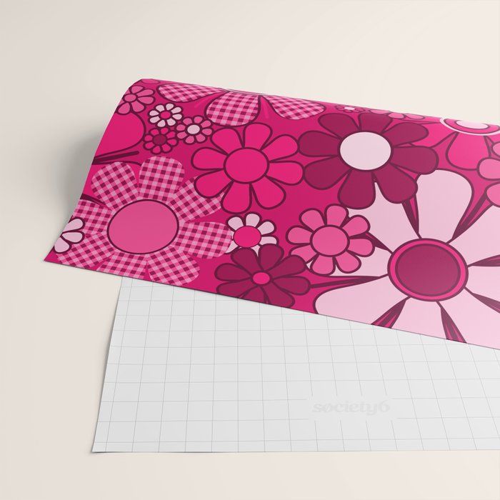 Retro Garden Gingham Flowers Hot Pink Magenta Abstract Floral Pattern Wrapping Paper Gallery Image 2