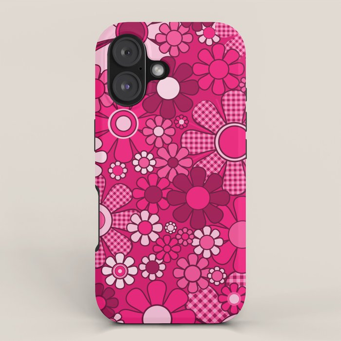 Retro Garden Gingham Flowers Hot Pink Magenta Abstract Floral Pattern iPhone Case Gallery Image 1