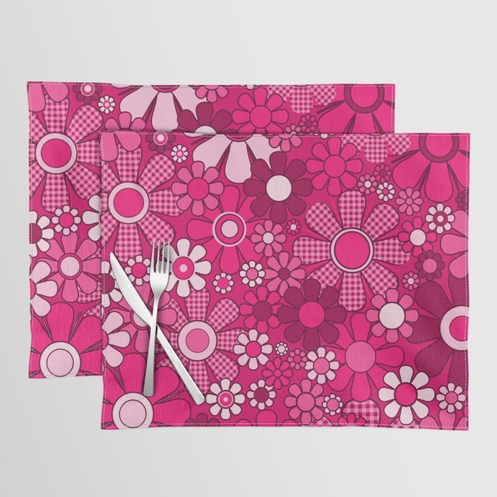 Retro Garden Gingham Flowers Hot Pink Magenta Abstract Floral Pattern Placemat Gallery Image 1