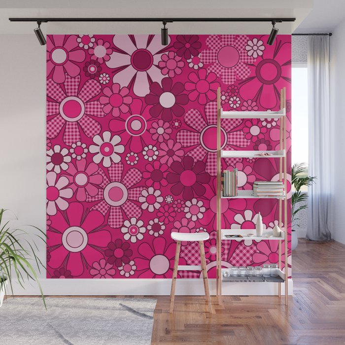Retro Garden Gingham Flowers Hot Pink Magenta Abstract Floral Pattern Wall Mural Gallery Image 1