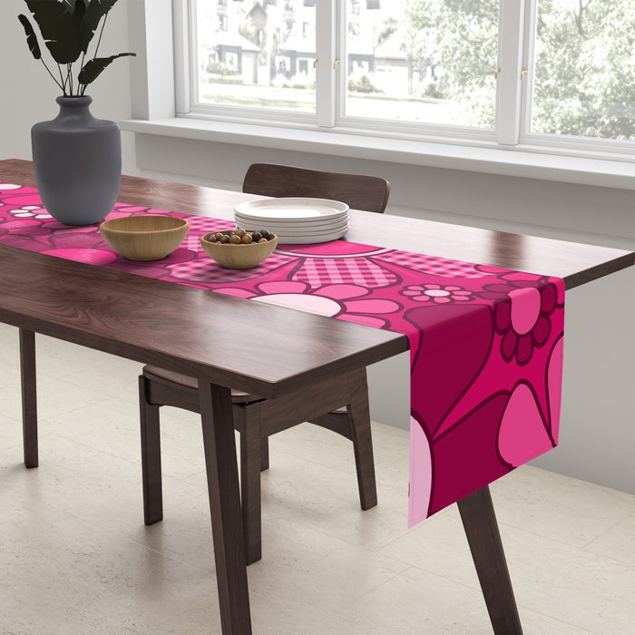 Retro Garden Gingham Flowers Hot Pink Magenta Abstract Floral Pattern Table Runner Gallery Image 2