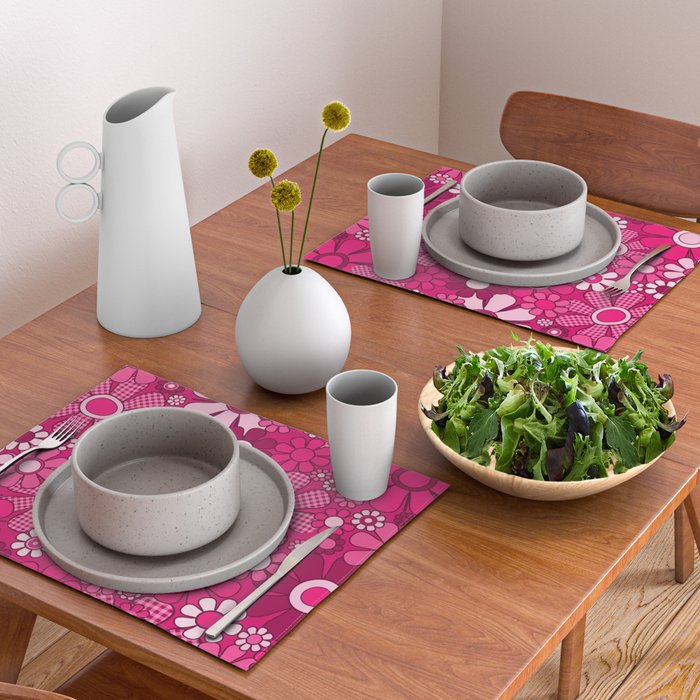 Retro Garden Gingham Flowers Hot Pink Magenta Abstract Floral Pattern Placemat Gallery Image 2
