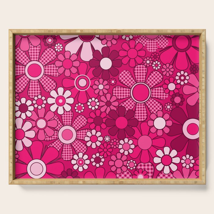 Retro Garden Gingham Flowers Hot Pink Magenta Abstract Floral Pattern Serving Tray Gallery Image 1