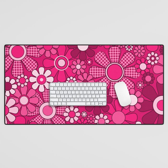 Retro Garden Gingham Flowers Hot Pink Magenta Abstract Floral Pattern Desk Mat Gallery Image 1
