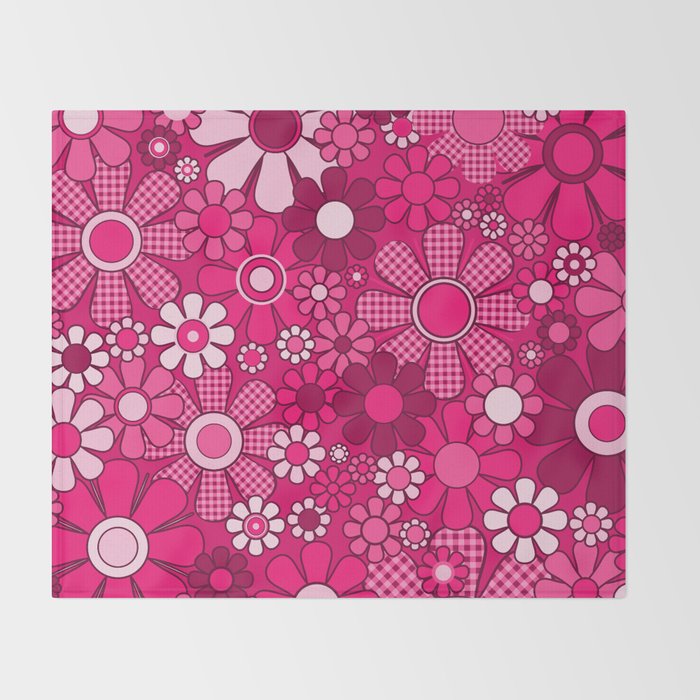 Retro Garden Gingham Flowers Hot Pink Magenta Abstract Floral Pattern Throw Blanket Gallery Image 2