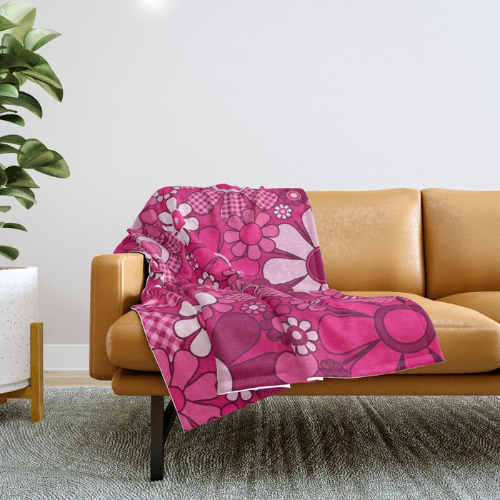 Retro Garden Gingham Flowers Hot Pink Magenta Abstract Floral Pattern Throw Blanket Gallery Image 1