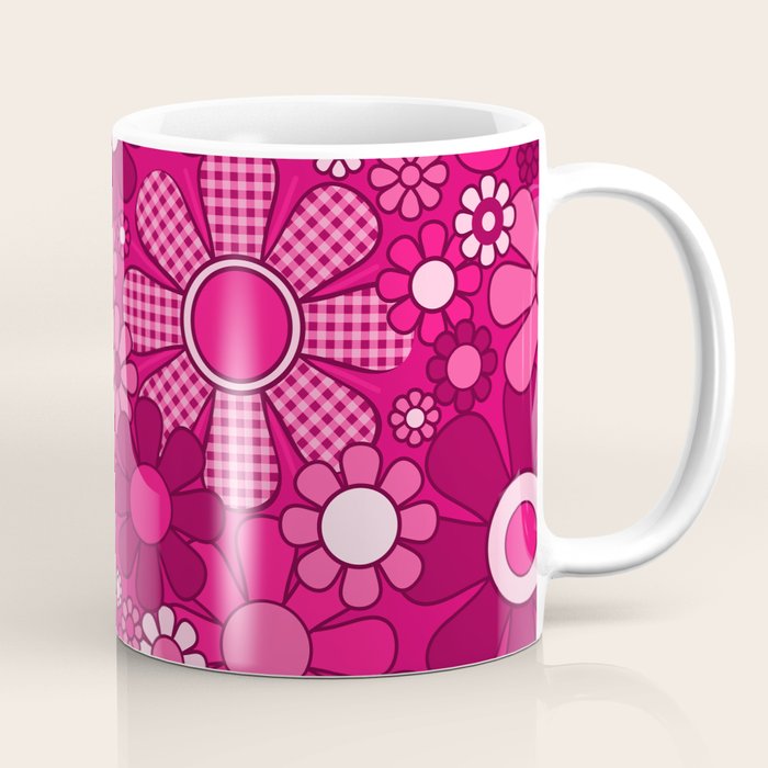 Retro Garden Gingham Flowers Hot Pink Magenta Abstract Floral Pattern Coffee Mug Gallery Image 1