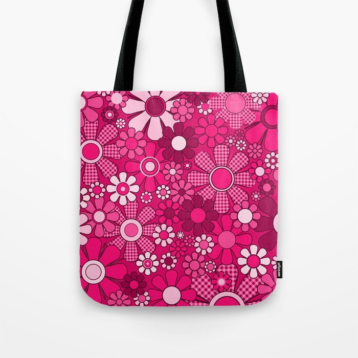 Retro Garden Gingham Flowers Hot Pink Magenta Abstract Floral Pattern Tote Bag Gallery Image 1