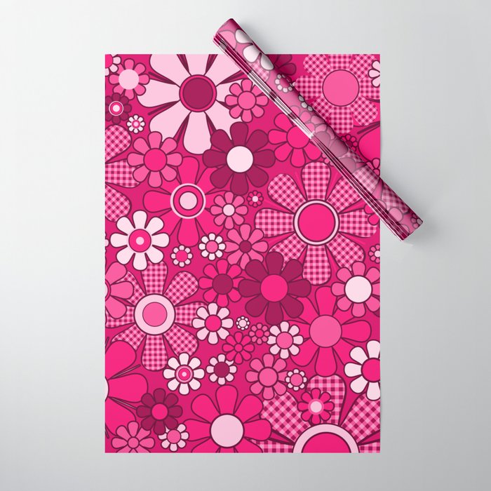 Retro Garden Gingham Flowers Hot Pink Magenta Abstract Floral Pattern Wrapping Paper Gallery Image 1