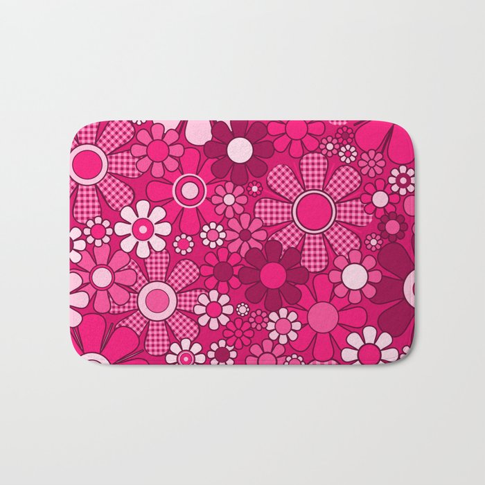 Retro Garden Gingham Flowers Hot Pink Magenta Abstract Floral Pattern Bath Mat Gallery Image 1