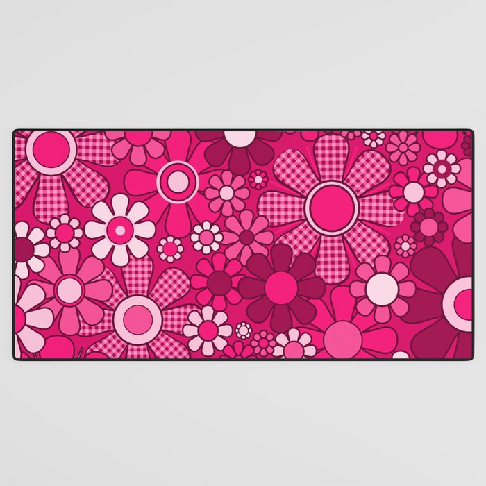Retro Garden Gingham Flowers Hot Pink Magenta Abstract Floral Pattern Desk Mat Gallery Image 3