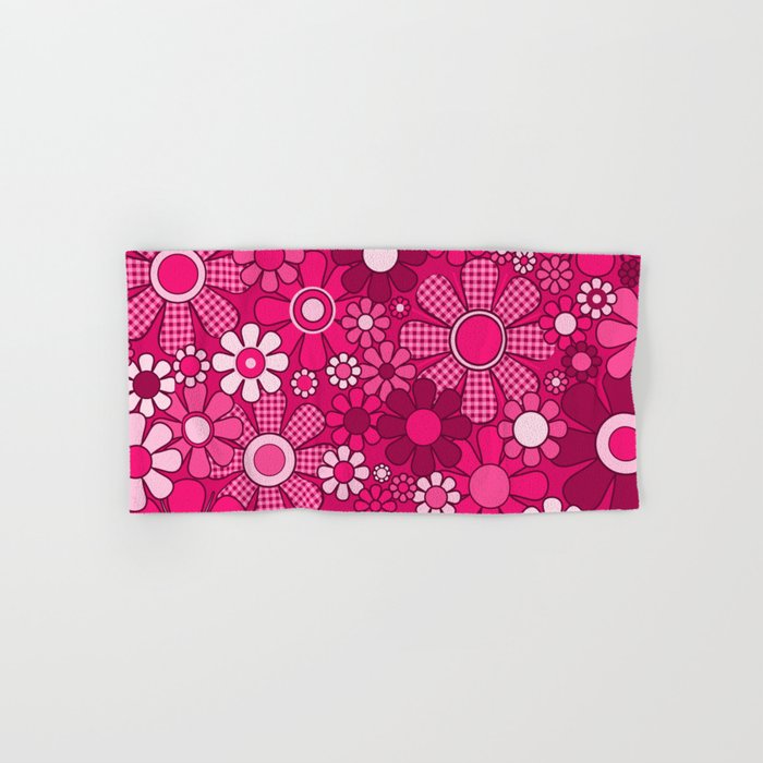 Retro Garden Gingham Flowers Hot Pink Magenta Abstract Floral Pattern Bath Towel Gallery Image 1