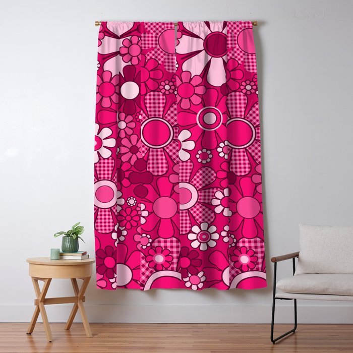 Retro Garden Gingham Flowers Hot Pink Magenta Abstract Floral Pattern Window Curtain Gallery Image 5