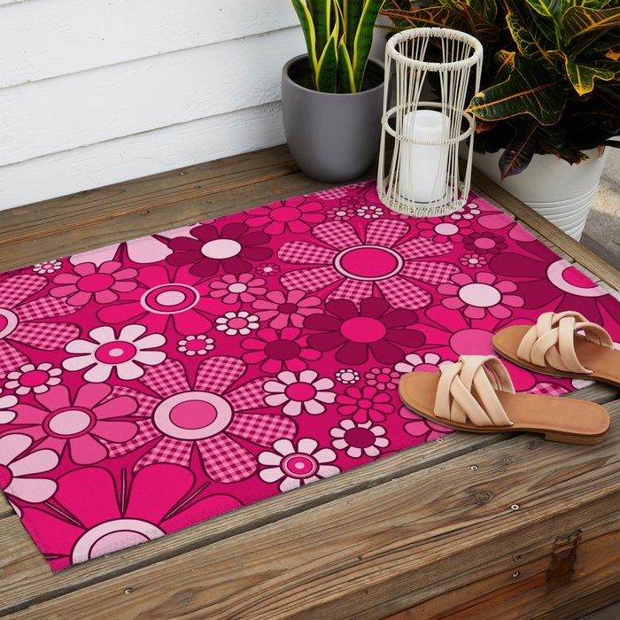 Retro Garden Gingham Flowers Hot Pink Magenta Abstract Floral Pattern Outdoor Rug Gallery Image 2
