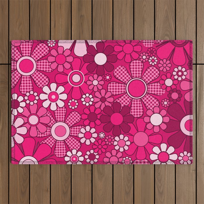 Retro Garden Gingham Flowers Hot Pink Magenta Abstract Floral Pattern Outdoor Rug Gallery Image 1