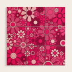 Retro Garden Gingham Flowers Hot Pink Magenta Abstract Floral Pattern Wood Wall Art Gallery Image 1