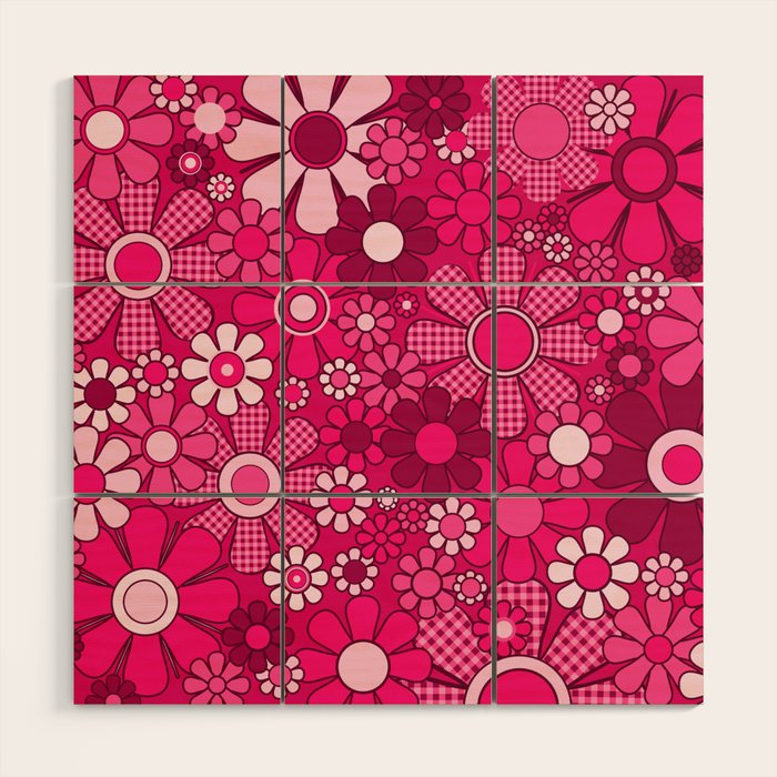 Retro Garden Gingham Flowers Hot Pink Magenta Abstract Floral Pattern Wood Wall Art Gallery Image 1