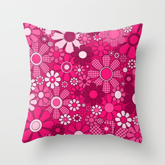Retro Garden Gingham Flowers Hot Pink Magenta Abstract Floral Pattern Throw Pillow Gallery Image 6