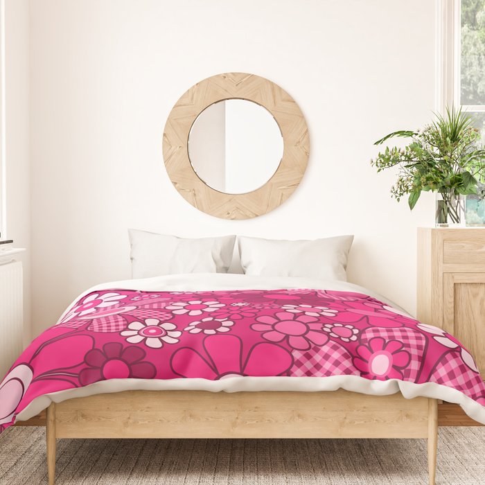 Retro Garden Gingham Flowers Hot Pink Magenta Abstract Floral Pattern Duvet Cover Gallery Image 3