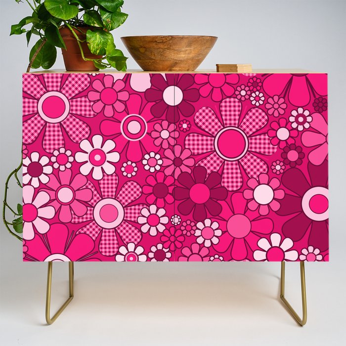 Retro Garden Gingham Flowers Hot Pink Magenta Abstract Floral Pattern Credenza Gallery Image 1