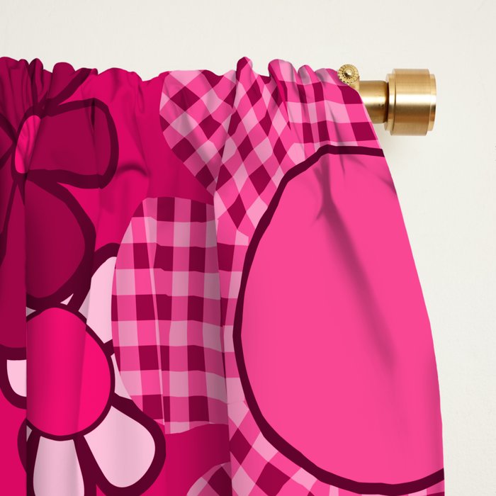 Retro Garden Gingham Flowers Hot Pink Magenta Abstract Floral Pattern Window Curtain Gallery Image 2
