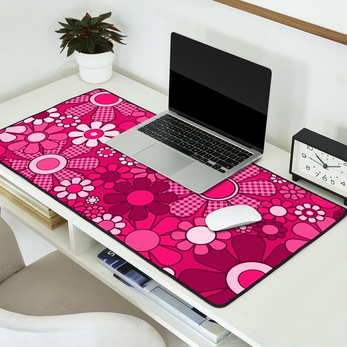 Retro Garden Gingham Flowers Hot Pink Magenta Abstract Floral Pattern Desk Mat Gallery Image 2