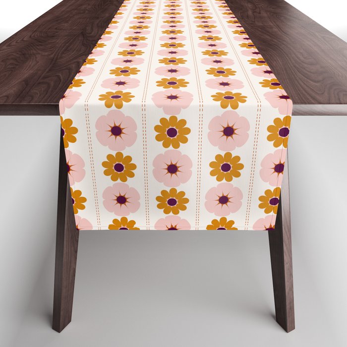 Vintage retro floral pattern, 60s, 70s style in pink and brown Table Runner Gallery Image 1