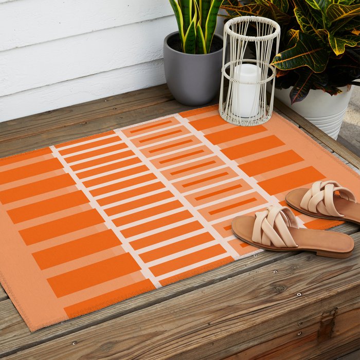 Orange Geometric Block Stripes Pattern Outdoor Rug Gallery Image 2