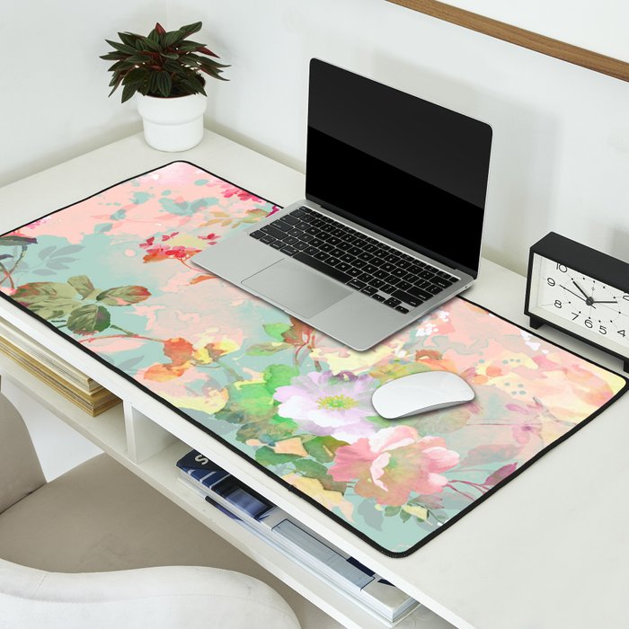 Botanical neo mint pink abstract watercolor floral pattern Desk Mat Gallery Image 2