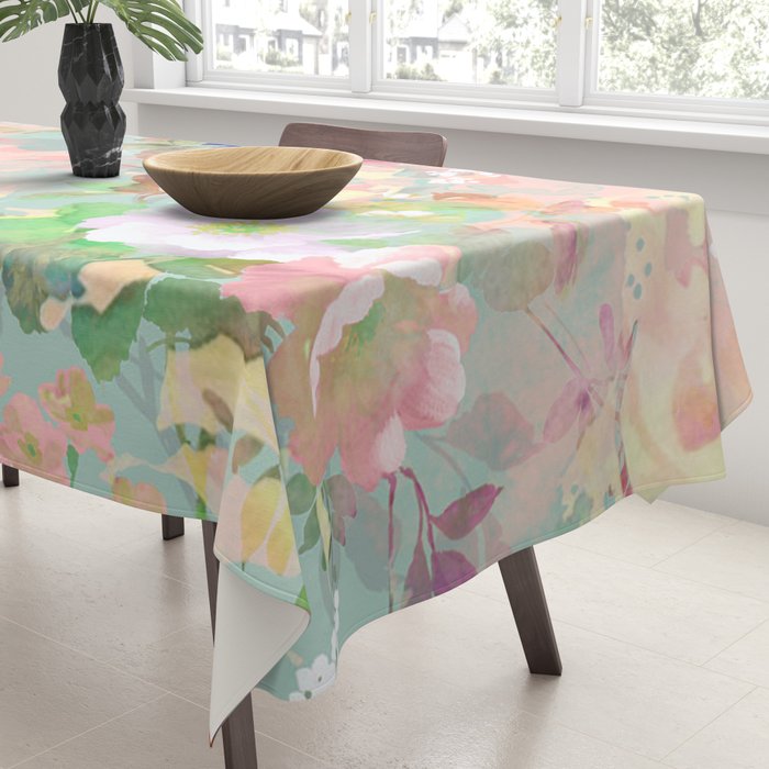 Botanical neo mint pink abstract watercolor floral pattern Tablecloth Gallery Image 3