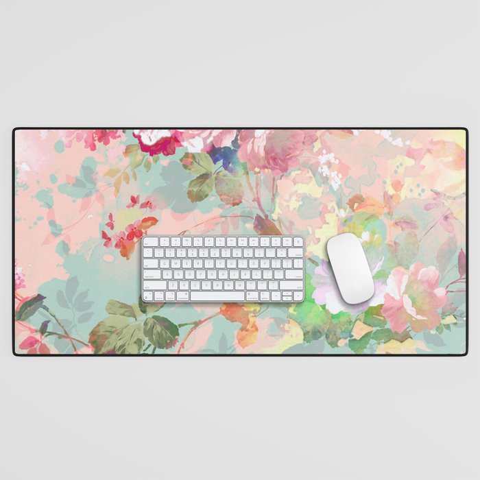 Botanical neo mint pink abstract watercolor floral pattern Desk Mat Gallery Image 1