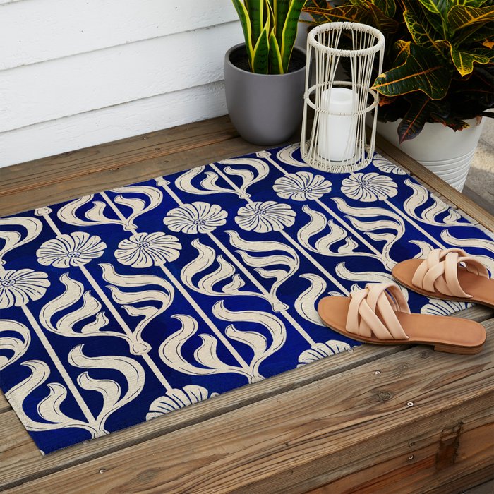 Art Deco Florals On Dark Blue Outdoor Rug Gallery Image 2