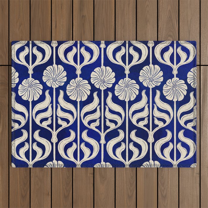Art Deco Florals On Dark Blue Outdoor Rug Gallery Image 1