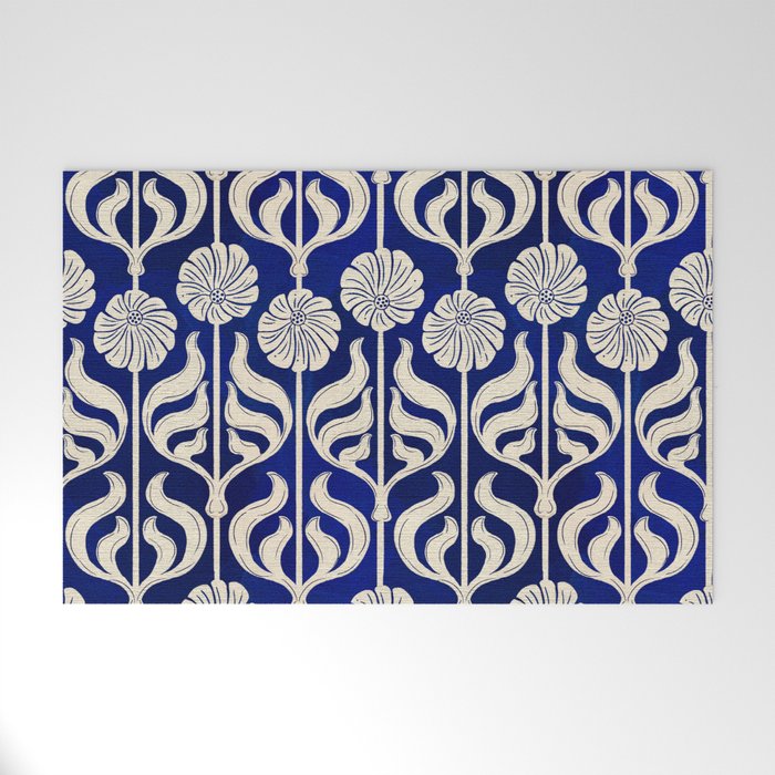 Art Deco Florals On Dark Blue Welcome Mat Gallery Image 1