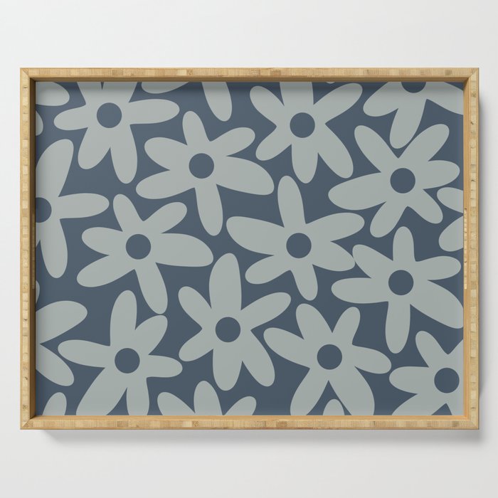 Daisy Time Retro Floral Pattern Neutral Blue Gray  Serving Tray Gallery Image 1