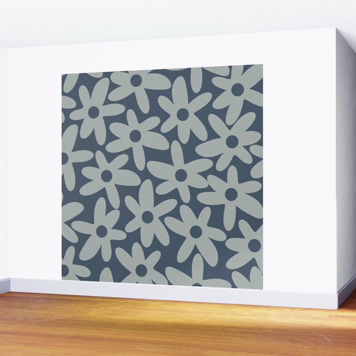 Daisy Time Retro Floral Pattern Neutral Blue Gray  Wall Mural Gallery Image 2