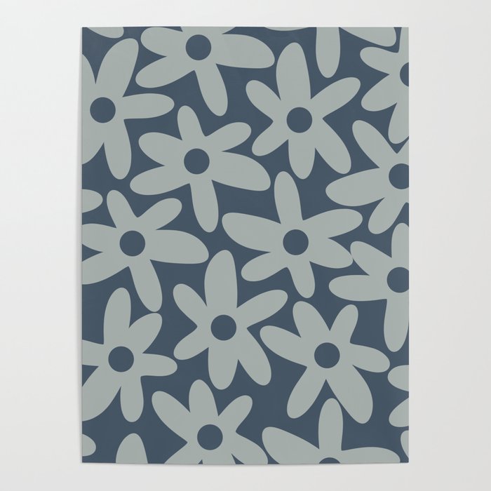 Daisy Time Retro Floral Pattern Neutral Blue Gray  Poster Gallery Image 1