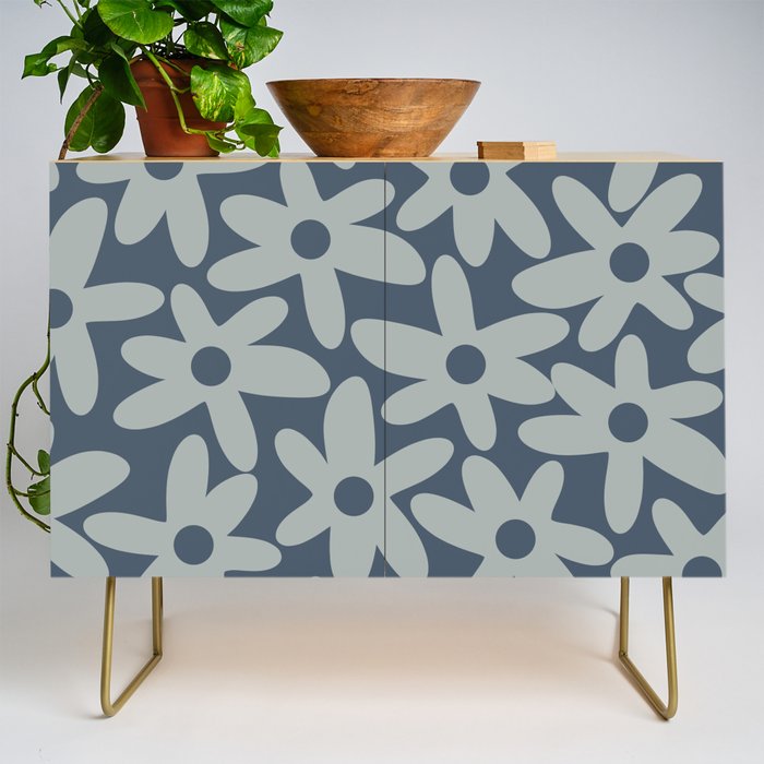 Daisy Time Retro Floral Pattern Neutral Blue Gray  Credenza Gallery Image 1