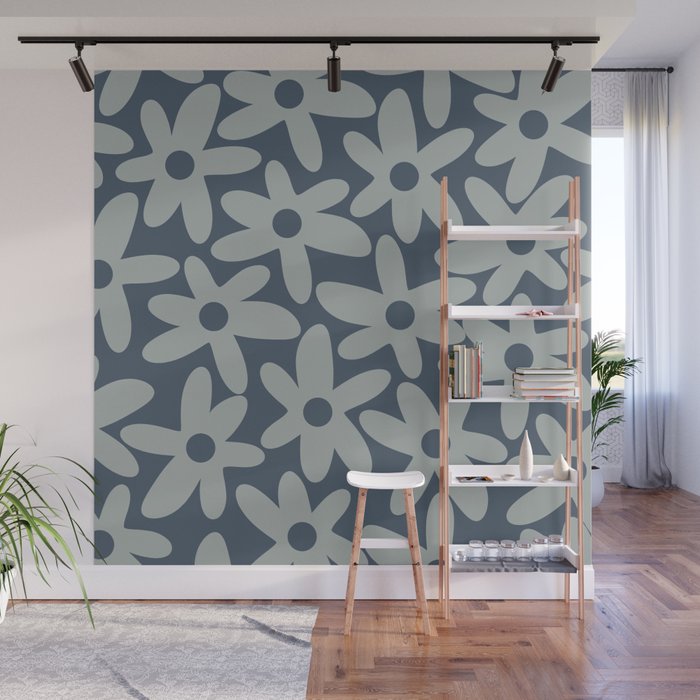Daisy Time Retro Floral Pattern Neutral Blue Gray  Wall Mural Gallery Image 1