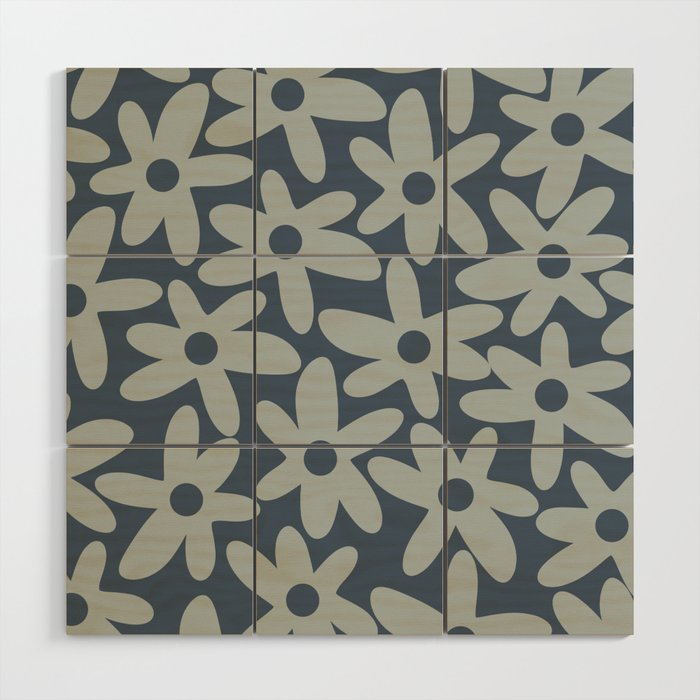 Daisy Time Retro Floral Pattern Neutral Blue Gray  Wood Wall Art Gallery Image 1