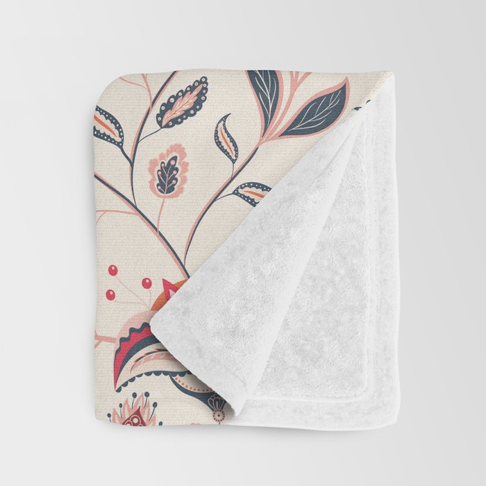 Indian Floral Trail - Ivory Coral Navy Throw Blanket Gallery Image 3