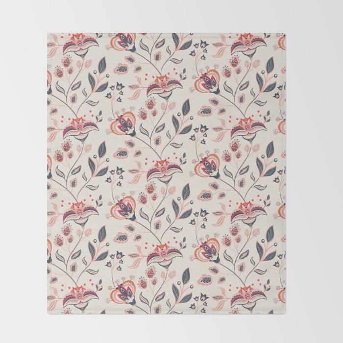 Indian Floral Trail - Ivory Coral Navy Throw Blanket Gallery Image 2