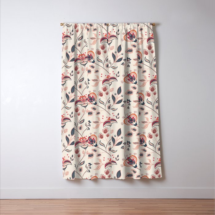 Indian Floral Trail - Ivory Coral Navy Window Curtain Gallery Image 3