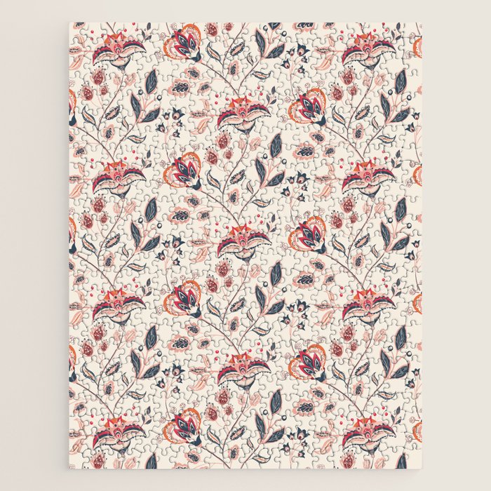 Indian Floral Trail - Ivory Coral Navy Jigsaw Puzzle Gallery Image 1