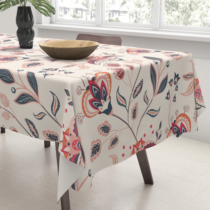 Indian Floral Trail - Ivory Coral Navy Tablecloth Gallery Image 3
